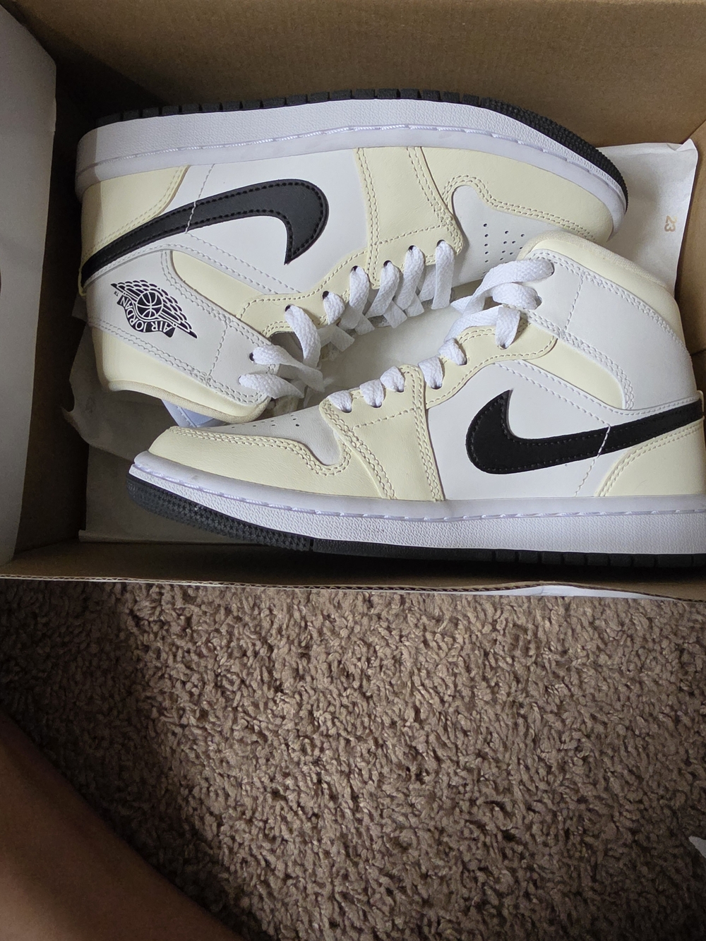 Nike Air Jordan 1 Mid White Cream with Black Swoosh - Men's Sneakers